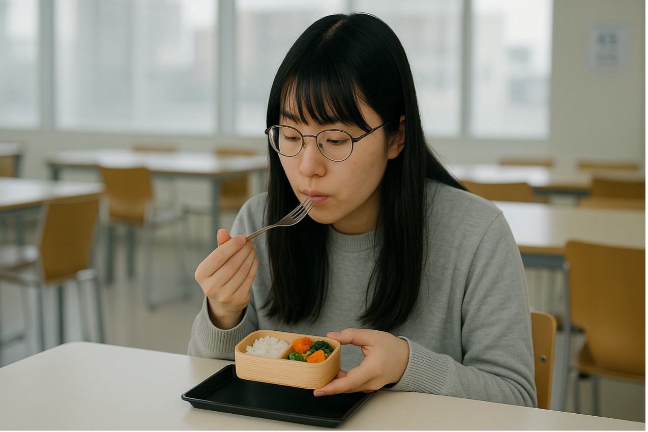 昼休みに弁当を食べる女性